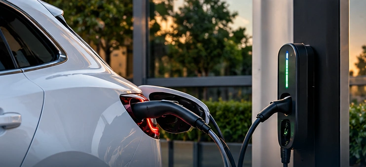 Veículo elétrico junto a estação de recarga